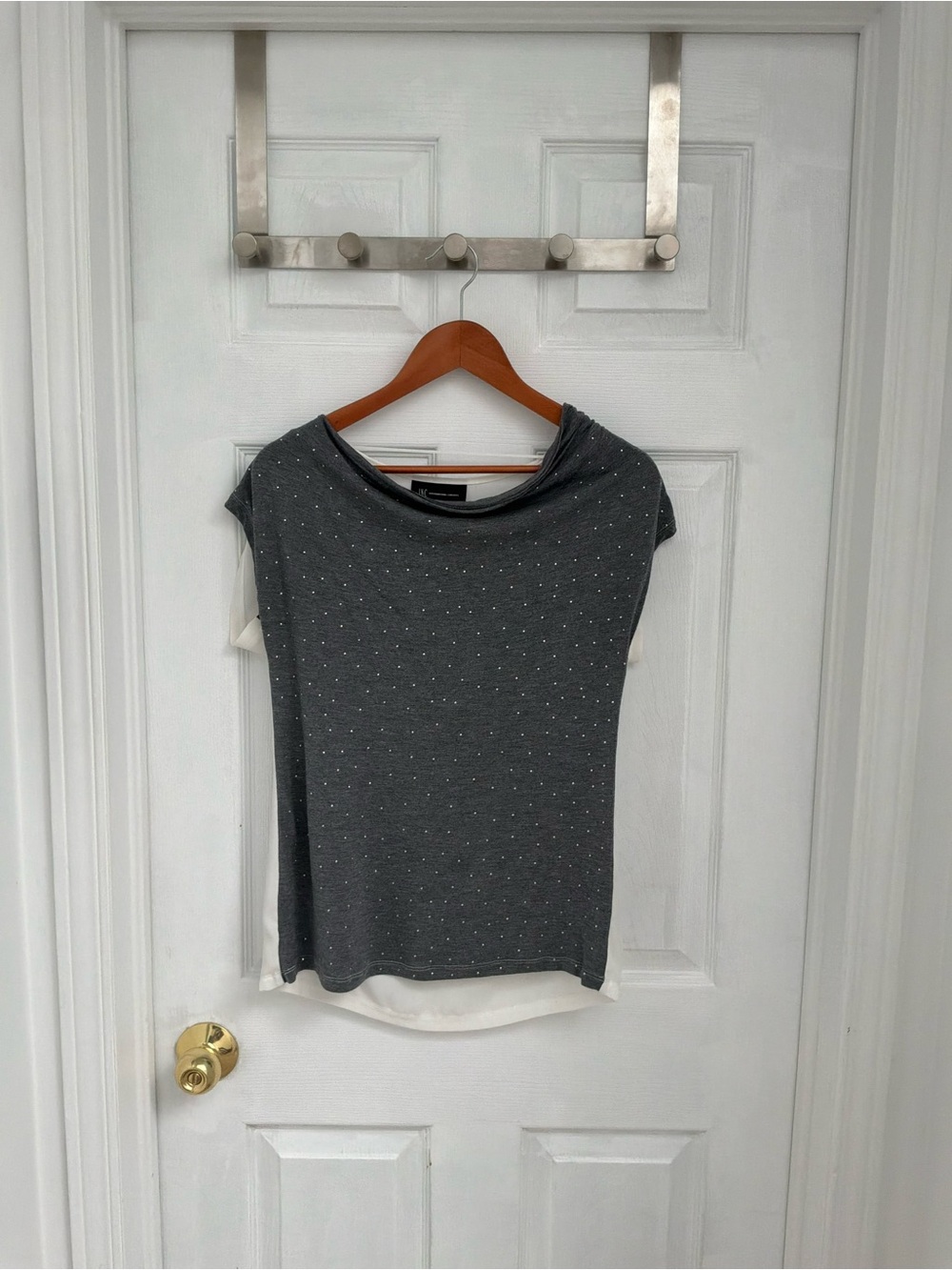 INC International Concepts Charcoal Gray Polka Dot Layered Cap Sleeve Top